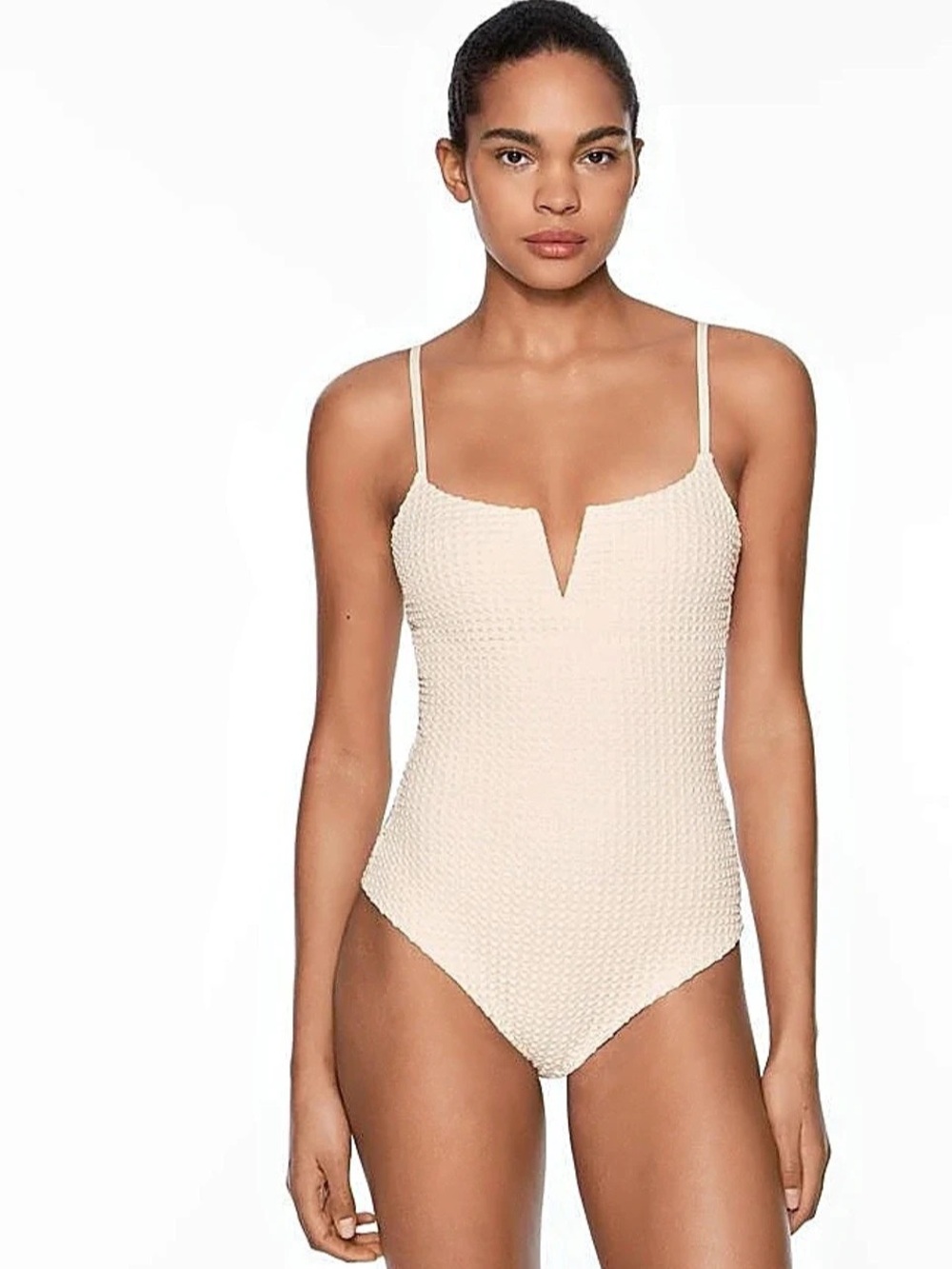 NWOT Oysho Piqué V-neck swimsuit One-Piece Swimsuit Cream Medium